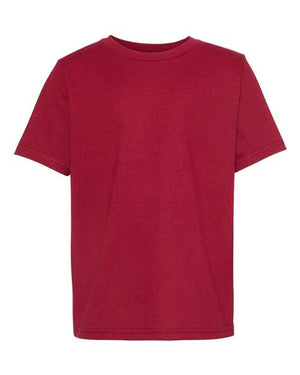 A red Next Level Youth T-Shirt made of 100% combed cotton jersey, with a tear away label, on a white background.