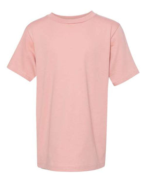 A Next Level Youth T-Shirt 100% Cotton in pink, made of 100% combed cotton jersey, against a white background.