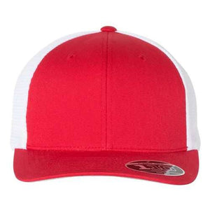 A red and white Flexfit trucker hat with a Snapback closure on a white background.