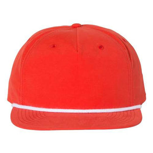 A structured red Richardson 256 Umpqua Rope Snapback Cap with white trim made of cotton/nylon.