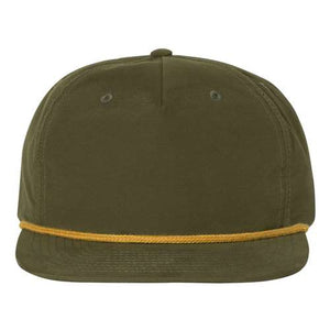A structured green Richardson snapback hat with yellow trim.
