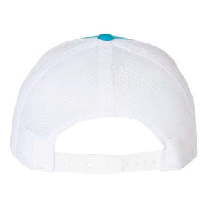 A YP Classics Six-Panel Retro Trucker Snapback Hat 6606 with blue and white accents, featuring a snapback closure.