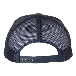 The back of a YP Classics navy mesh trucker hat with a snapback closure.