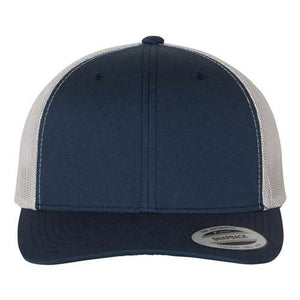 A YP Classics navy and white mesh trucker hat with a snapback closure.