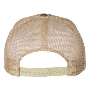 A beige YP Classics Six-Panel Retro Trucker Snapback Hat 6606 with a metal buckle and snapback closure.