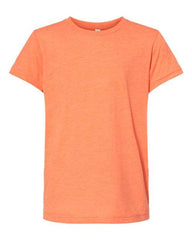 A girl's comfortable BELLA + CANVAS orange t-shirt made of high-quality BELLA CANVAS Youth Triblend material, set against a white background.