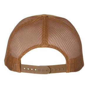 A YP Classics polyester/cotton tan mesh trucker hat with a snapback closure on a white background.