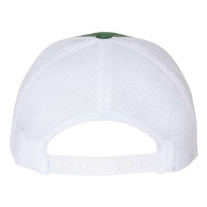 The back of a Yupoong Classics Six-Panel Retro Trucker Snapback Hat 6606 - Custom Leather Patch Hat | No Minimals | Volume Tiered Pricing with green trim, featuring a snapback closure.