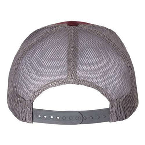 A Yupoong Classics Six-Panel Retro Trucker Snapback Hat 6606 - Custom Leather Patch Hat | No Minimals | Volume Tiered Pricing with a grey and burgundy camo design on a white background.