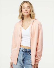 A woman wearing a pink Independent Trading Co. Women's California Wave Wash Full-Zip Hoodie Sweatshirt and jeans made from Bulk Customized fabric.
