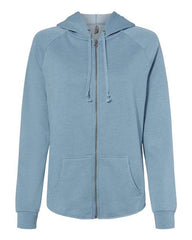 A women's blue hoodie with a zippered hood from Independent Trading Co. Women's California Wave Wash Full-Zip Hoodie Sweatshirt by Independent Trading Co.