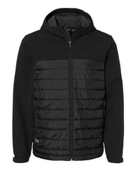 A DRI DUCK men's black water-resistant jacket with an adjustable hood, the Dri Duck Pinnacle Soft Shell Puffer Jacket.