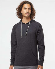 A man wearing an Independent Trading Co. Icon Unisex Lightweight Loopback Terry Hoodie Sweatshirt.