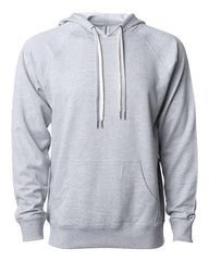 A men's Independent Trading Co Icon Unisex Lightweight Loopback Terry Hoodie Sweatshirt with a white hood, perfect for customized workwear or company logo branding. This lightweight loopback terry hoodie offers both comfort and style.