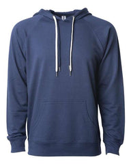 A men's Independent Trading Co. Icon Unisex Lightweight Loopback Terry Hoodie Sweatshirt in blue with a white hood, perfect for customized workwear or company logo branding.