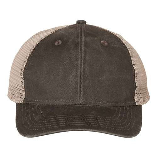 The Outdoor Cap Ponytail Mesh-Back Velcro Hat features a black and beige mesh design with a curved brim. Made from washed cotton twill, it ensures comfort and durability, while the ponytail opening guarantees a perfect fit for all-day wear.