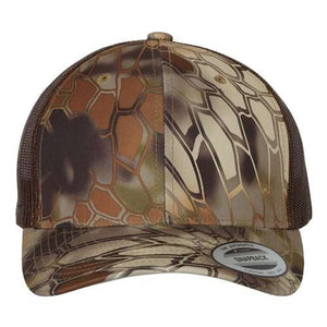 A YP Classics polyester/cotton blend trucker hat with a snapback closure and camo pattern.