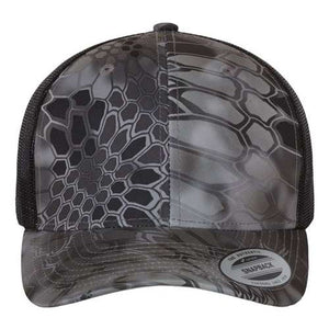 A YP Classics grey and black hat with a snake print on it, made of polyester/cotton fabric.