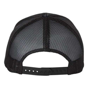 A YP Classics black mesh trucker hat featuring a snapback closure, showcased on a white background.