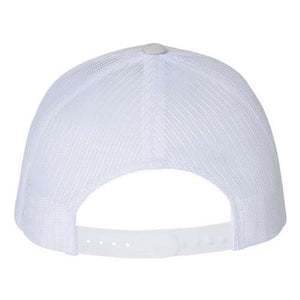 A YP Classics white polyester/cotton hat with a mesh back and Yupoong Classics Six-Panel Retro Trucker Snapback Hat 6606 - Custom Leather Patch Hat | No Minimals | Volume Tiered Pricing snapback closure.