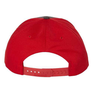 A red Richardson 312 Twill Back Snapback Trucker Hat on a white background.
