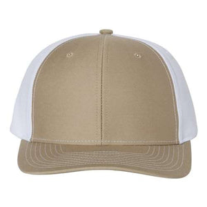 A Richardson 312 Twill Back Snapback Trucker Hat on a white background made of cotton/polyester.