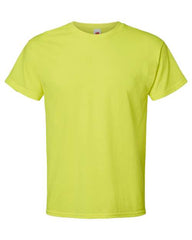 A classic fit Hanes Essential-T yellow t-shirt made of pre-shrunk cotton on a white background.