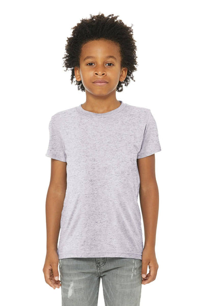 A child poses against a plain backdrop in a light gray Bella + Canvas BC3413Y Youth Triblend Short Sleeve T-Shirt and jeans, highlighting a chic and modern style.