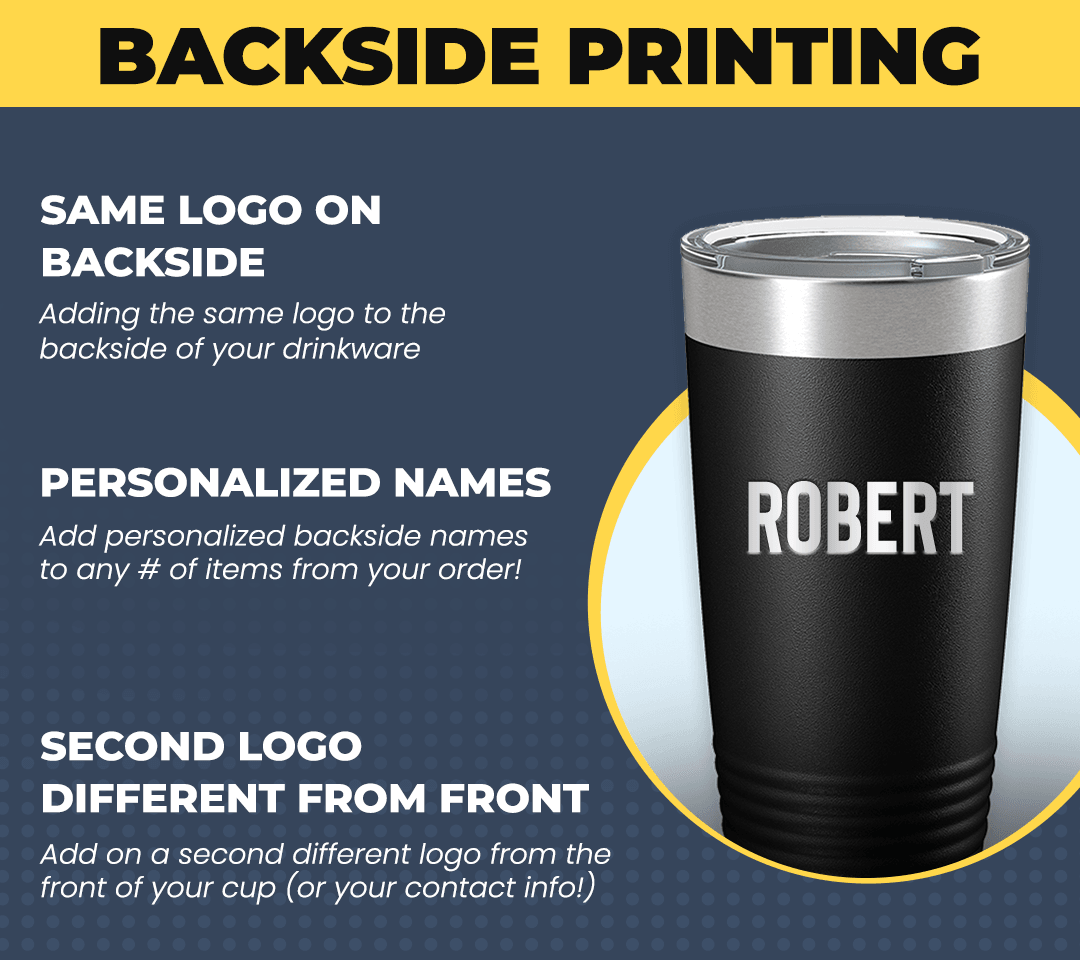 Promotional graphic highlighting custom backside engraving options for a personalized insulated tumbler, including same logo, names, and a Kodiak Wholesale ADD ON: Backside Engraving - Second Logo or Custom Name - $7.99.