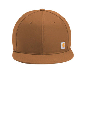 A Carhartt Snapback Flat Brim Ashland Hat CT101604 - Custom Leather Patch Hat | No Minimals | Volume Tiered Pricing in brown color made with cotton duck construction, set against a white background.