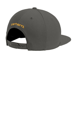A gray Carhartt Snapback Flat Brim Ashland Hat CT101604 - Custom Embroidered Hat with a yellow logo on it.