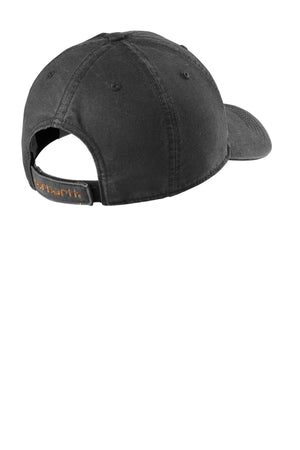 An odor-fighting Carhartt Velcro Cotton Canvas Hat CT103938 with an orange Carhartt logo on it.