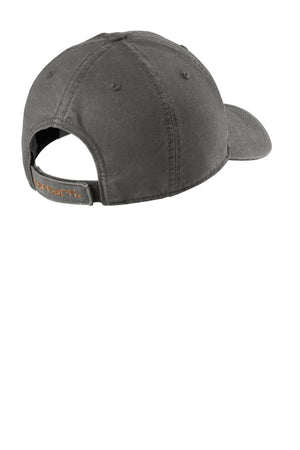 A Carhartt Velcro Cotton Canvas Hat CT103938 - Custom Leather Patch Hat | No Minimals | Volume Tiered Pricing with an orange logo on it.