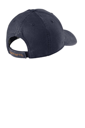 A navy Carhartt Velcro Cotton Canvas Hat CT103938 - Custom Leather Patch Hat | No Minimals | Volume Tiered Pricing with an orange Carhartt logo on it.