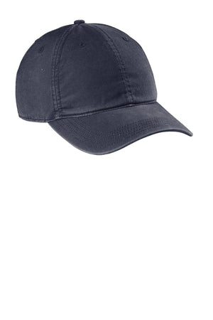 A navy Carhartt Velcro Cotton Canvas Hat CT103938 - Custom Leather Patch Hat | No Minimals | Volume Tiered Pricing on a white background.