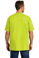 The back view of a man wearing a lime green Carhartt Workwear Pocket Short Sleeve T-Shirt CTK87, a durable cotton/poly blend perfect for rugged workwear.