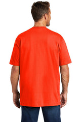 The back view of a man wearing a Carhartt Workwear Pocket Short Sleeve T-Shirt CTK87, known for its durability and made from a rugged cotton/poly blend.