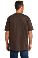 The back view of a man wearing a Carhartt Workwear Pocket Short Sleeve T-Shirt CTK87, a durable cotton/poly blend and rugged workwear by Carhartt.