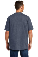 The back view of a man wearing rugged workwear consisting of the Carhartt Workwear Pocket Short Sleeve T-Shirt CTK87, made from durable cotton/poly blend fabric.