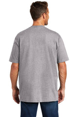 The back view of a man wearing a Carhartt Workwear Pocket Short Sleeve T-Shirt CTK87, a durable cotton/poly blend perfect for rugged workwear.