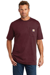 Carhartt men's Workwear Pocket Short Sleeve T-Shirt CTK87 in maroon, made from a durable cotton/poly blend. Ideal for rugged workwear.