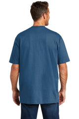 The back view of a man wearing a blue Carhartt Workwear Pocket Short Sleeve T-Shirt CTK87, known for its durable cotton/poly blend and rugged workwear design.