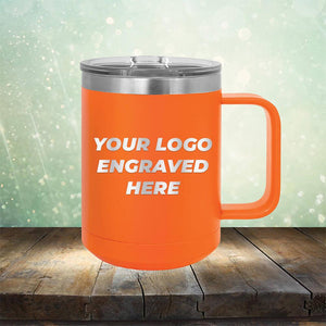 Custom coffee mug with business logo laser engraved branded 15oz with handle orange