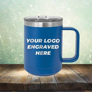 Custom coffee mug with business logo laser engraved branded 15oz with handle royal blue