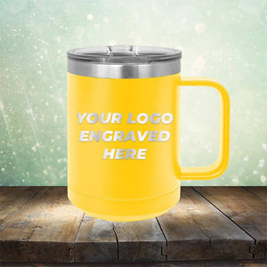 Custom coffee mug with business logo laser engraved branded 15oz with handle yellow