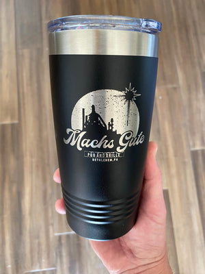 An engraved ADD Custom Tumblers 30 oz black tumbler featuring the Mac's Gulf business logo.