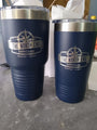 Two navy blue Kodiak Coolers THROWBACK THURSDAY custom tumblers with engraved logos are on a gray countertop—ideal as a promotional gift. Laser etched design, no setup fees; offer ends at midnight!.