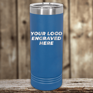 A blue Kodiak Coolers tumbler with a silver lid features "YOUR LOGO ENGRAVED HERE," ideal as a Realtor closing gift for clients—customize with your company logo for the perfect personalized or promotional drinkware.
