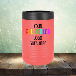 Red insulated tumbler with a black lid, on a wood plank surface and a green bokeh background, featuring the text "Custom UV Printed Drinkware - ONE TIME SPECIAL OFFER" in multicolored and black lettering by Kodiak Coolers; perfect for engraving or as stylish coffee mugs.