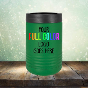 A green insulated tumbler with a black top sits on a wooden surface. The text on the tumbler reads, “Custom UV Printed Drinkware - ONE TIME SPECIAL OFFER.” The background has a light, bokeh effect, perfect for showcasing custom engraving options from Kodiak Coolers.